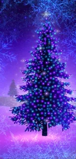 A glowing Christmas tree with purple lights and snowflake background.