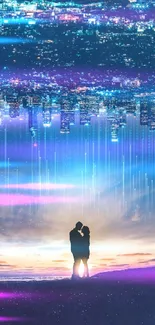 Silhouetted couple below a dreamy cityscape with a bright blue night sky.