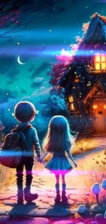 Two kids approach a glowing cottage at night, surrounded by magic.