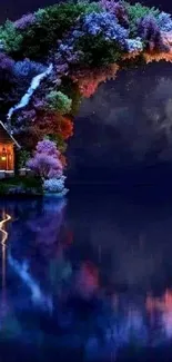 Dreamy cottage with starry night reflection wallpaper.