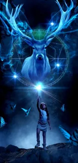 Fantasy wallpaper with a glowing deer and butterflies in a magical night forest.