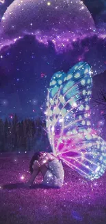 Dreamy wallpaper of a glowing fairy under a starry purple night sky.