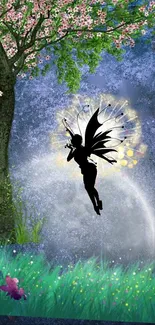 Silhouette of fairy with vibrant moonlit night scenery.