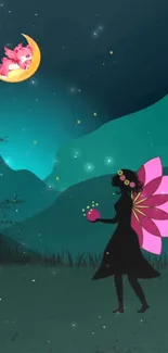 Fairy with pink wings under a starry sky beside a glowing moon.