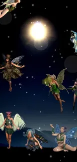 Whimsical fairies dance under moonlight in a magical night scene wallpaper.