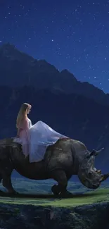 Fantasy wallpaper with starry sky and lady on rhinoceros at night.