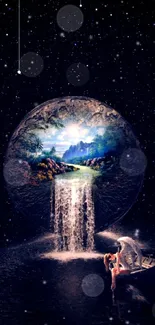 Fantasy nightscape with waterfall and celestial stars on mobile wallpaper.