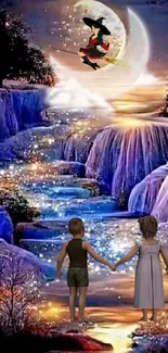 Children watching a magical waterfall and witch in moonlit fantasy world.