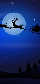 Santa and reindeer silhouette flying under a full moon.