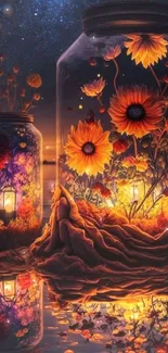 Magical glowing flowers in jars under a starry night sky.