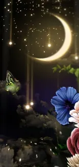 Magical night scene with crescent moon, stars, and colorful flowers.