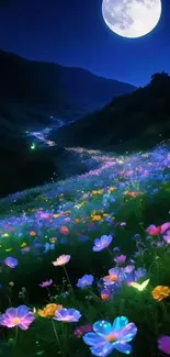 A magical night with glowing flowers in a moonlit field.