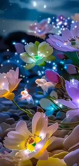 Magical glowing flowers under a night sky.