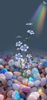 Magical flowers with moon and colorful stones.