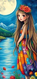 Magical forest wallpaper with serene river and vibrant flowers under moonlight.