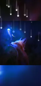 Fox gazing at glowing jellyfish under starry night sky.