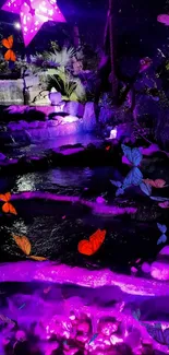 Magical garden scene with butterflies and purple glow.