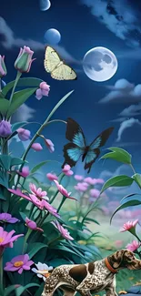 Animated night garden with flowers, butterflies, and a dog under the moonlight.