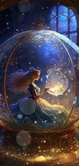 Fantasy artwork of a woman in a glowing globe, surrounded by stars.