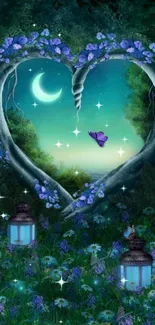 Heart-shaped night scene with moon and butterfly.