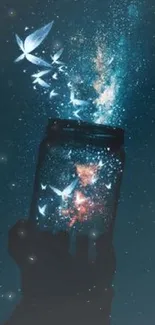 Magical jar releasing glowing butterflies into a starry night sky.