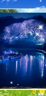 Night lake under starlit sky with cherry blossom tree reflections.