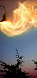 Magical glowing street lamp under a twilight sky.