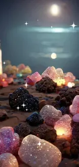 Magical glowing stones under a night sky with a lighthouse in the distance.