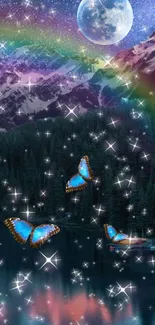 Magical night wallpaper with moon, mountains, butterflies, and rainbow.