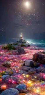 Magical night with lighthouse and colorful rocky shore under starry sky.