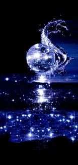 Magical sphere with shimmering water on a dark blue night background.