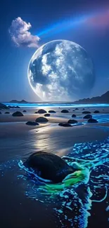 Majestic moonlit ocean with glowing waves.