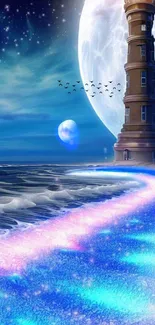 Magical ocean scene with a lighthouse and starry sky.