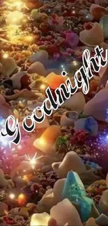 Magical glowing pebble beach at night with Goodnight text.