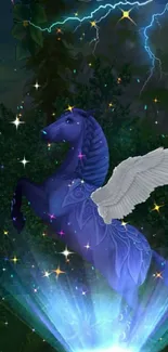 Purple pegasus with wings in a magical night setting with lightning.