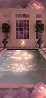 Serene pool, crescent moon and pink clouds.