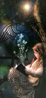 Girl reading at night under angel wings in a magical forest scene.