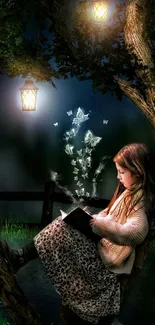 Girl reading under glowing lanterns in a magical forest scene.