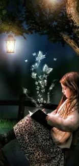 Girl reading at night under lanterns in magical tree setting, fantasy wallpaper.