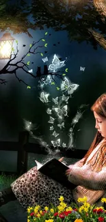 Girl reading under a lantern in a magical forest with butterflies.