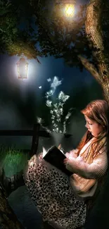 Child reading book on tree with glowing butterflies and lanterns.