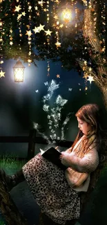 Girl reading in a magical, starry forest with lanterns.