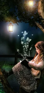 Girl reading book in magical night scene with glowing butterflies.