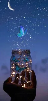 Magical jar with lights and butterfly under a night sky.