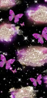 Purple butterflies and stars in night sky wallpaper.