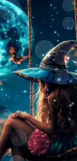 Fantasy art of a witch under a blue moon.