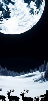 Santa and reindeer under full moon in snowy forest.