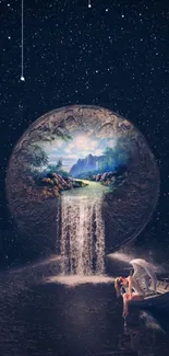 Whimsical night sky wallpaper with sphere waterfall and boat.