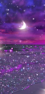 Magical night sky with moons and stars over a purple ocean.