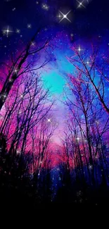 Enchanting night sky wallpaper with vibrant colors and mystical forest.